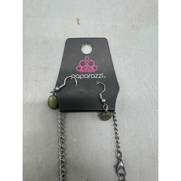 Paparazzi Silver & Olive Green Fringe Necklace & Earring Set - Picture 4 of 5